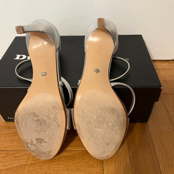 Silver Leather Strappy Heels | Size 39 | Rhinestone Glam Sandals - Picture 4 of 10